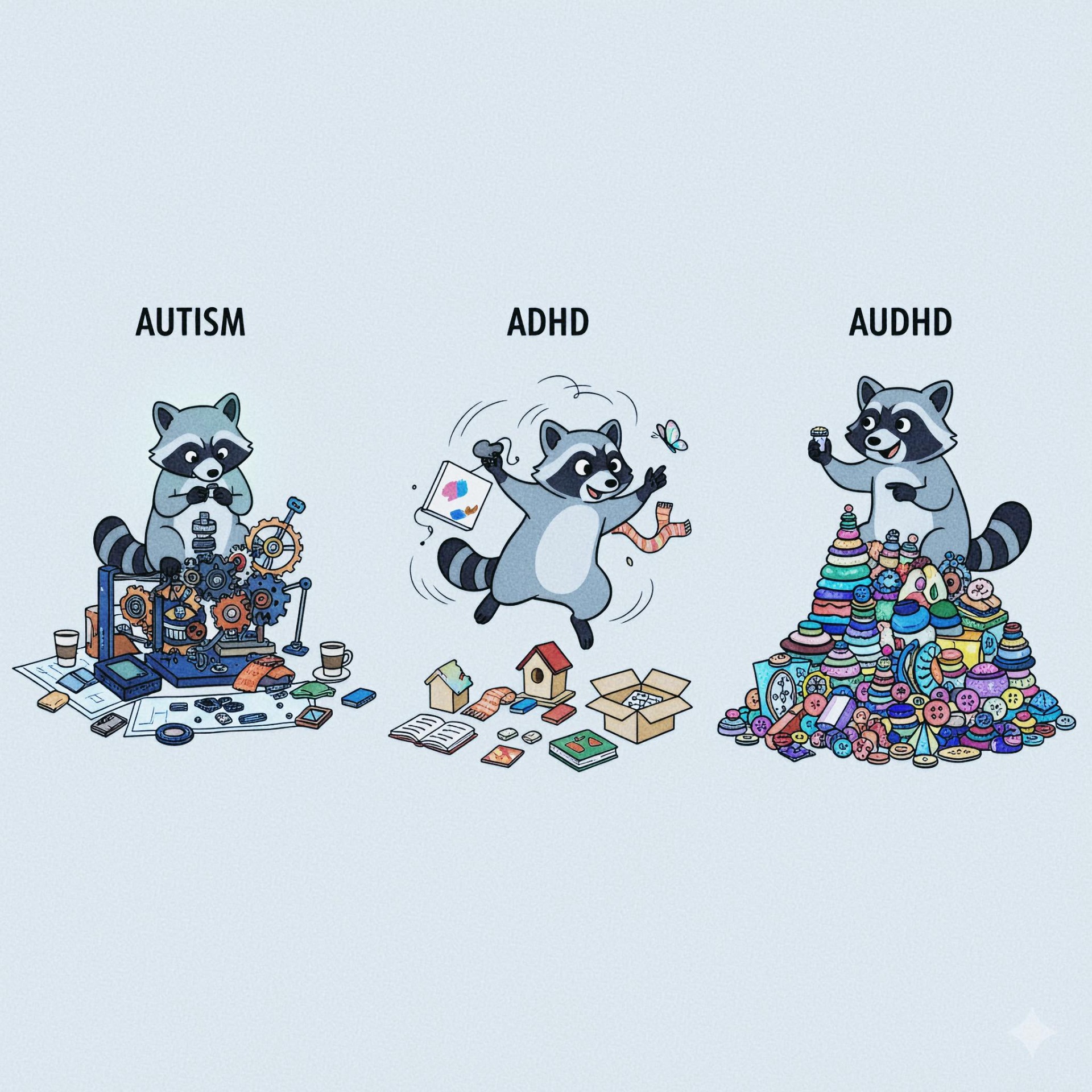Autizmus, ADHD és AuDHD közötti különbség szemléltető ábra
